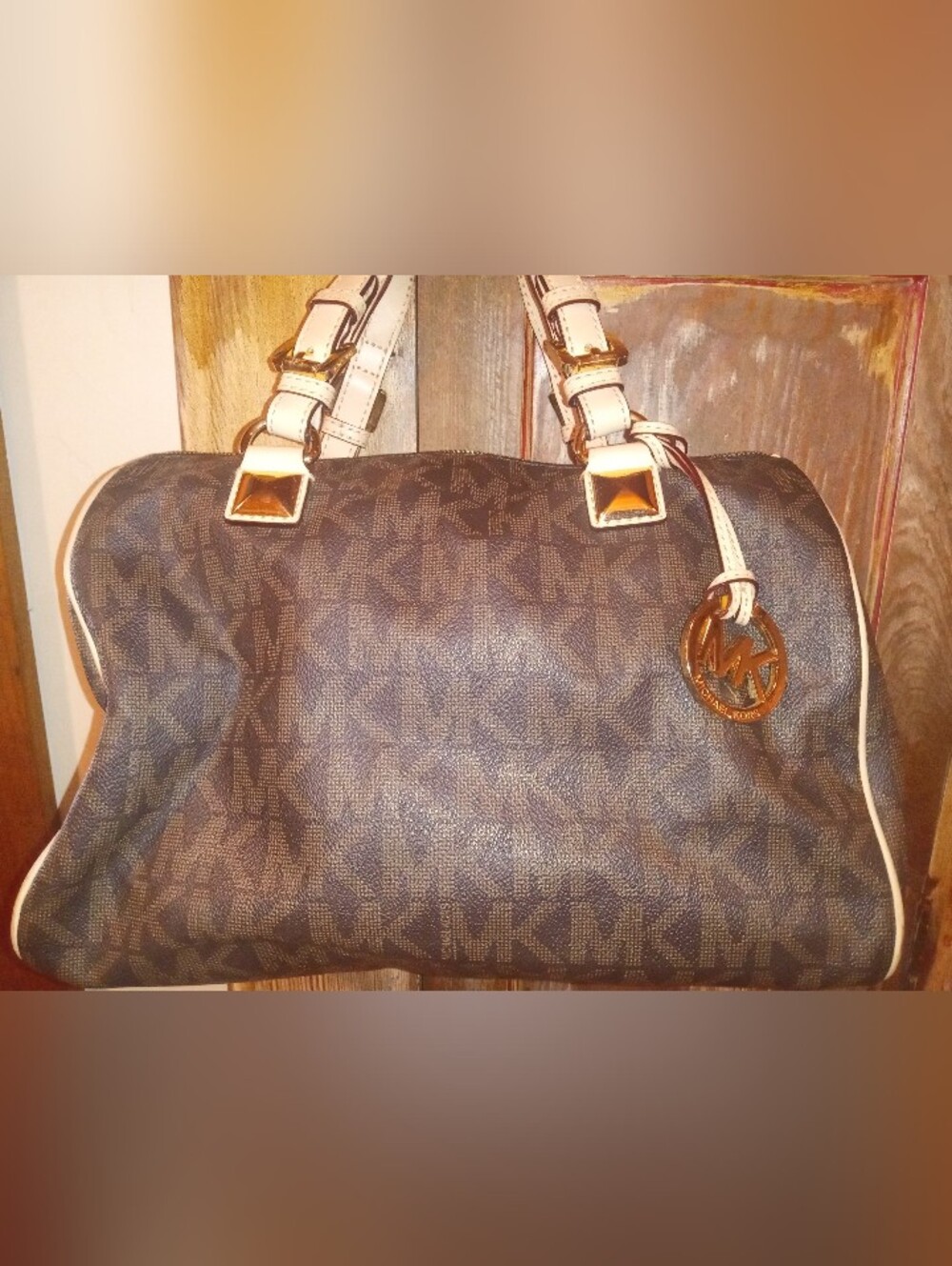 Michael Kors Brown MK Logo  Bag with Cream Handles